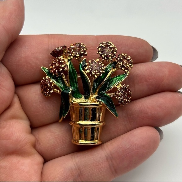 Vintage Planted Enamel Brown Flowers in Gold Tone Pot Brooch Green Thumb - Picture 4 of 5